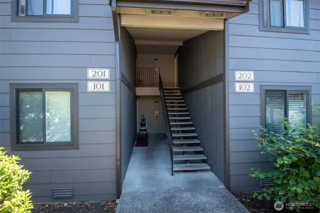 Unit is downstairs on the right