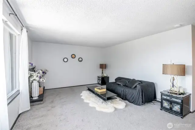 Living room with ample sunlight from the large windows.