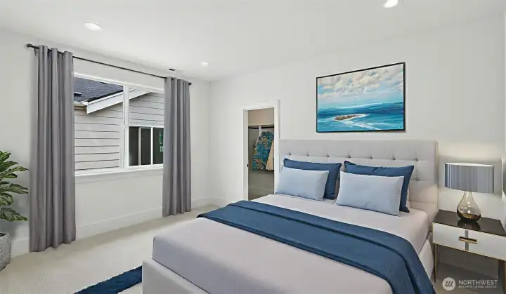 Jack-n-Jill secondary bedroom continues the home’s bright, serene aesthetic, pairing clean architectural lines with soft textures and spacious walk-in closets - with a connecting shared bathroom  — a thoughtful balance of comfort and design continuity.