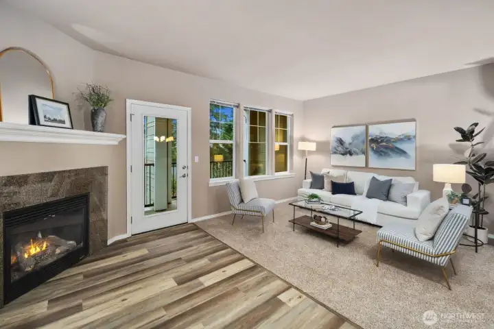 Cozy fireplace/deck off of living room