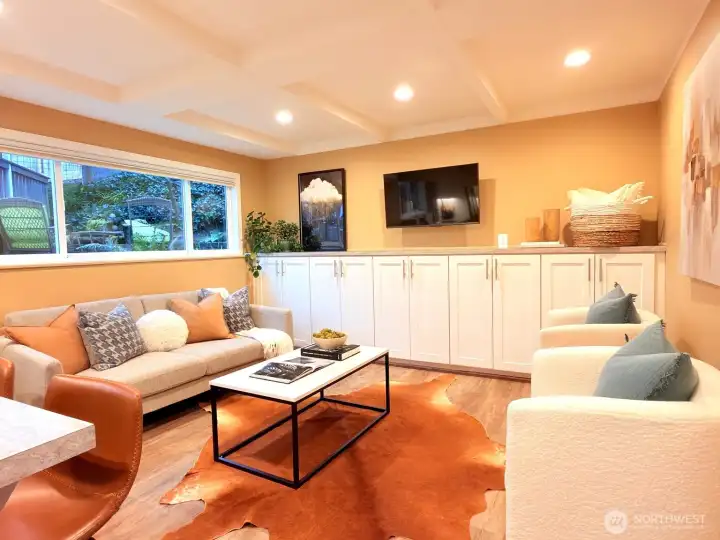 New windows, windowsills and built in cabinets.