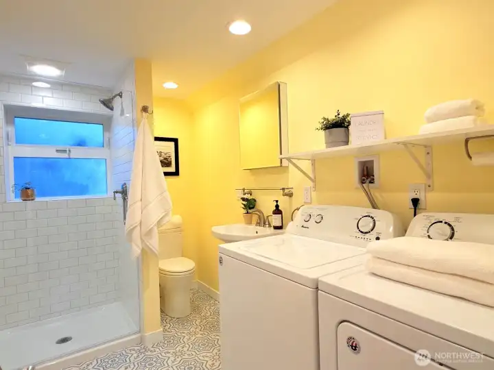 All new lower-level bathroom with laundry, Warm and toasty heated floors.