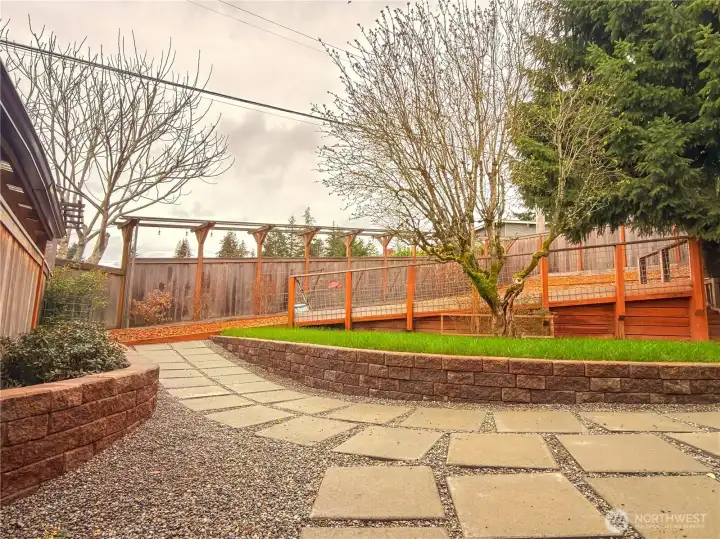 The back yard is beautifully maintained and is low maintenance, fenced in and secure. New sprinkler system.