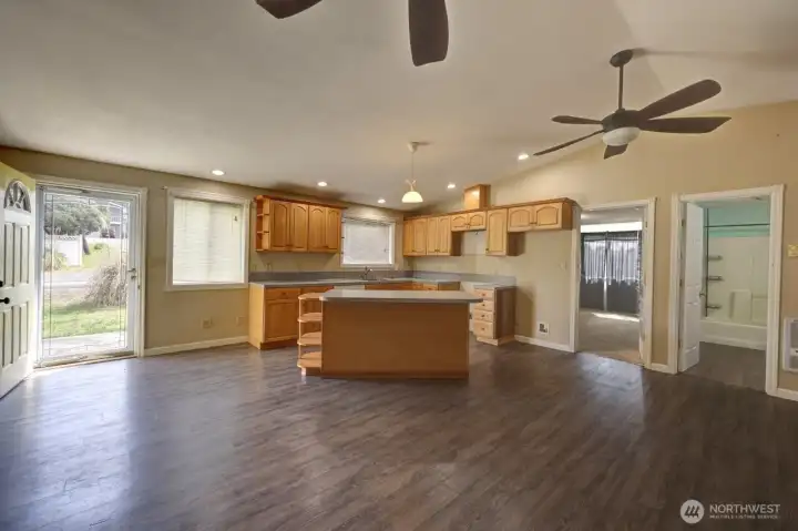View Into Kitchen From Living Room, Ceiling Fan