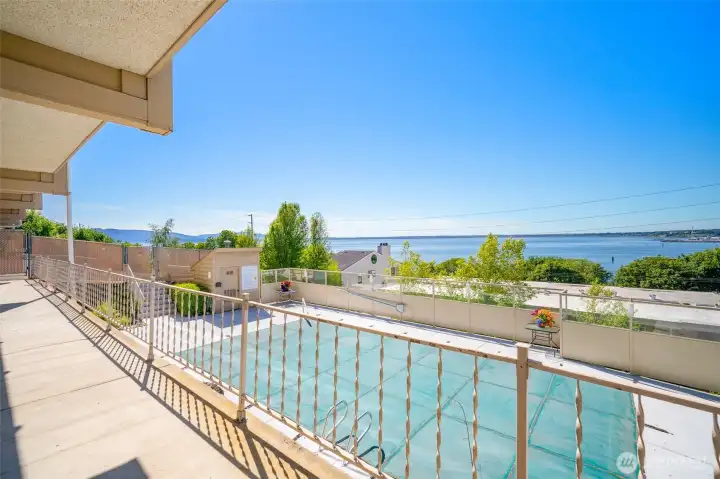 Outdoor pool overlooks the bay views.
