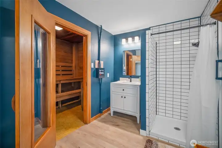 Sauna with shower shown here.