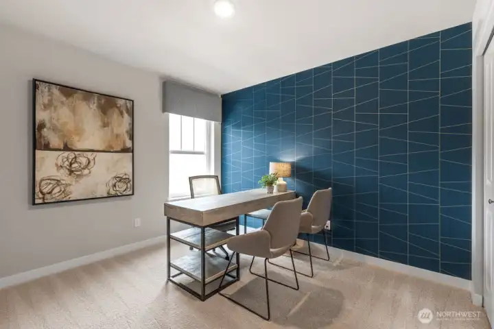 Main floor Office or bedroom conveniently located near 3/4 bathroom. Photo rendering is representational and may be virtually staged. Actual home is under construction and finishes, elevation, and paint colors may vary. See site agent for details.