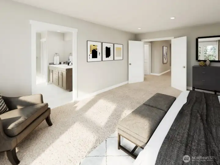 Double doors into primary suite. Photo rendering is representational and may be virtually staged. Actual home is under construction and finishes, elevation, and paint colors may vary. See site agent for details.