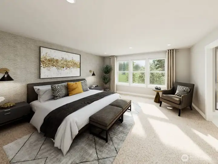 Windows in primary suite allowing views of Rattlesnake Mountain. Photo rendering is representational and may be virtually staged. Actual home is under construction and finishes, elevation, and paint colors may vary. See site agent for details.