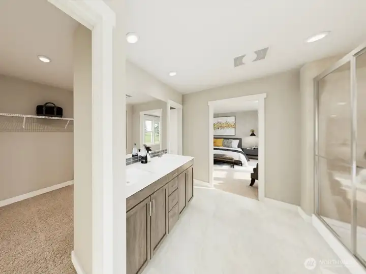 Spa like primary bathroom. Photo rendering is representational and may be virtually staged. Actual home is under construction and finishes, elevation, and paint colors may vary. See site agent for details.