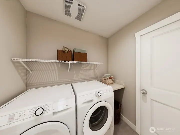 Utility room located upstairs. Photo rendering is representational and may be virtually staged. Actual home is under construction and finishes, elevation, and paint colors may vary. See site agent for details.
