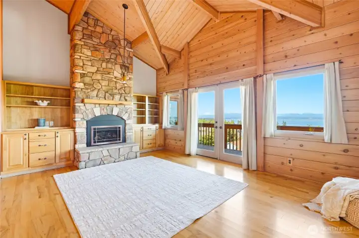 Living room with views and cozy fireplace