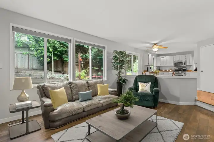 Family room and kitchen with access to the private back yard