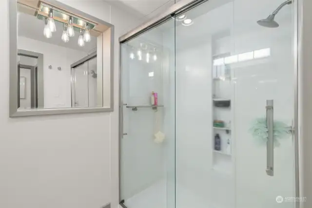 Large walk-in shower on the lower level.