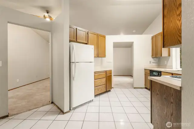 An easy flow through the Kitchen and Dining with two doorways.