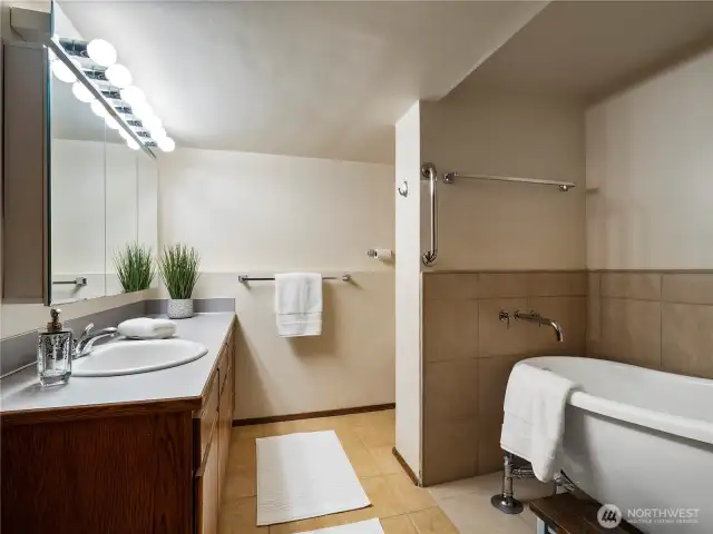 Lower level bathroom with tile flooring, single vanity and tub.