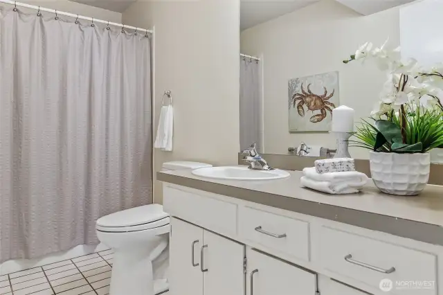Lower-level bathroom with tub.