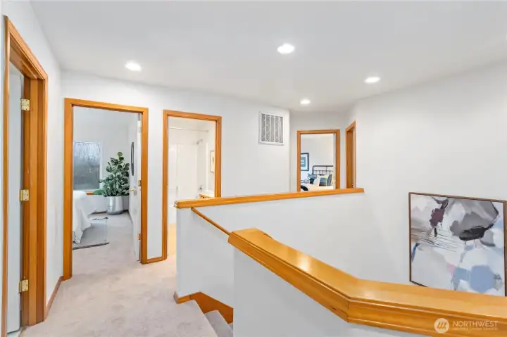 To the right of the upstairs landing are the other 3 additional bedrooms, 3/4 bathroom and full guest bathroom.