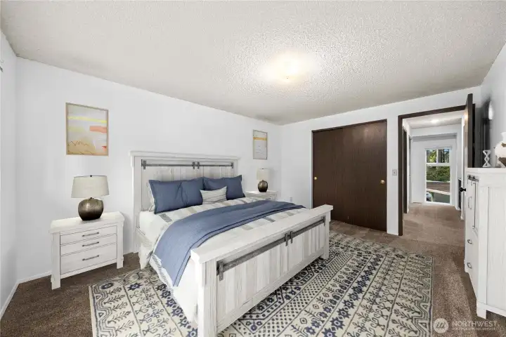 Primary bedroom is well sized with good closet spece.