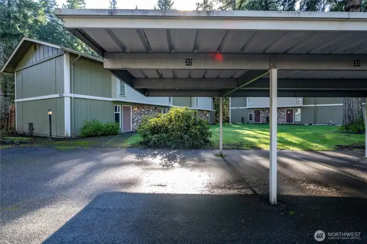 The unit parking space is covered and close to the front door. All uncovered spaces are sharable for guests.