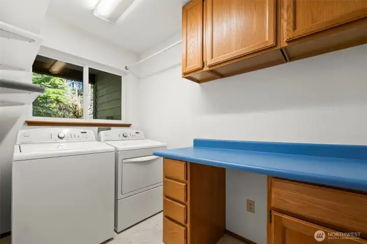 Main floor laundry with large folding counter and storage.