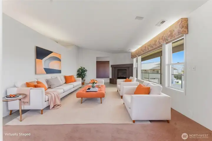 Virtual staged living room with propane fireplace