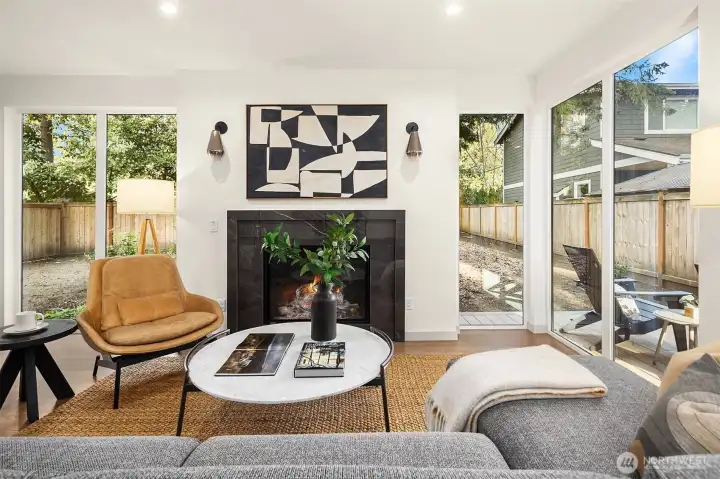 Gas Fireplace and Floor to Ceiling Windows