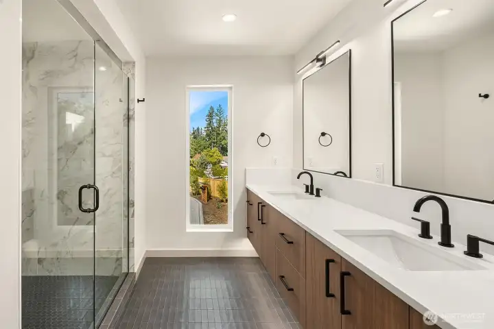 Primary with Floating Double Vanity, Under Cabinet Lighting and Heated Tile Floors