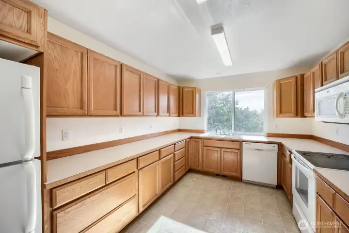 Abundant cabinetry and lots of counter space plus a pantry opposite the fridge!