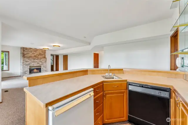 Lower Level Wet Bar w/Dishwasher, Fridge, Plenty of Cabinet Space for Storage, Large Counter Space  & Large Wall to Wall  , Glass Shelving to Showcase Bottles or Memorabilia or .......