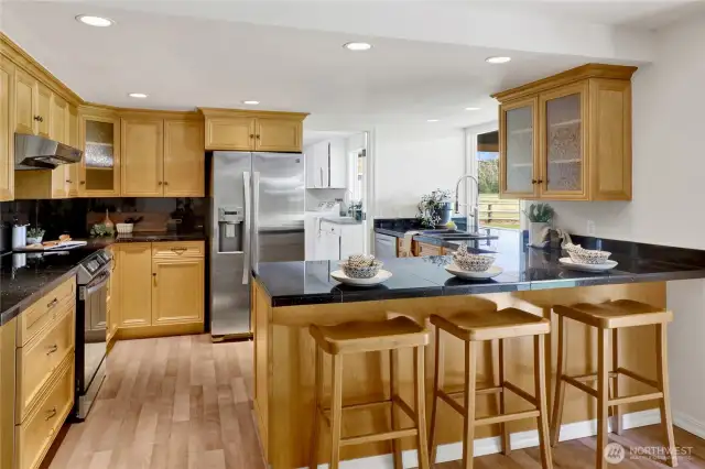 The kitchen overlooks the backyard and has views of the mountains...including Mount Baker