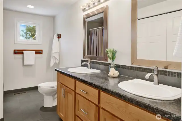 Main bathroom features double sinks