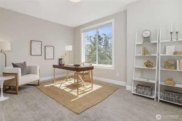 The dedicated home office is bathed in natural light and offers ample space to accommodate even the most demanding work-from-home setups, eliminating the need to repurpose other rooms.