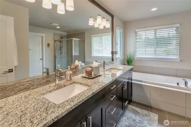 Primary Bathroom is a stunning blend of elegance and functionality, showcasing a modern but timeless design. At its heart is a large, thoughtfully crafted vanity with clean lines and a sleek countertop that offers generous space for daily routines.