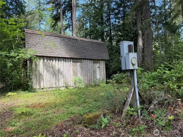 Log Cabin/Outbuilding and power pole on 141 E. Douglas Fir Lane