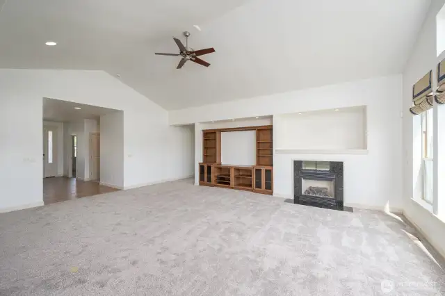 A view of the Great Room from the Dining Room towards the Entry.