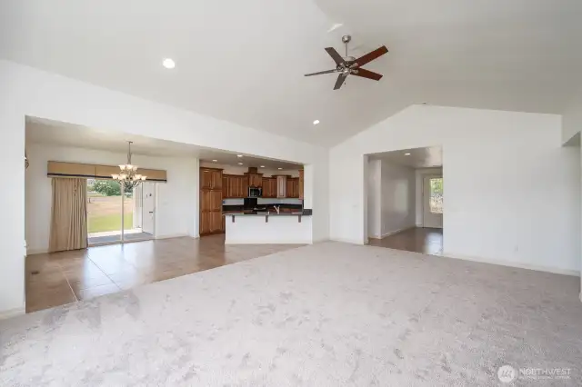 The Kitchen, Dining Room, and Patio from the Great Room.