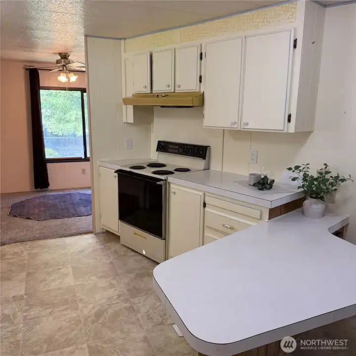 Kitchen with view of dining area