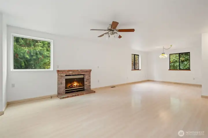 Spacious family room with cozy gas fireplace