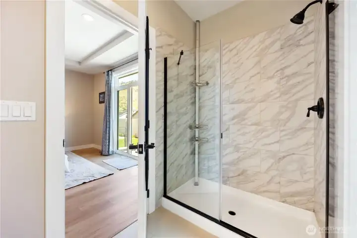 Primary ensuite walk in shower.