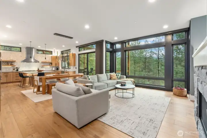 Living Room     Samsung 55” mounted TV with electrical outlet added & heavy duty mount   o Apple TV 4K   Philips Hue Gradient Light strip behind TV   Google Nest Smart Learning Thermostat    Interior 3M Sun Control Window Film: 3M™ Sun Control Window Films, Night Vision Series   Exterior Windows Bird Divertor Window Film : Bird Divert to prevent bird strikes    Hunter Douglas Designer Screen Shades, 3% openness with smart Power View   Motorization & external rechargeable batteries.  Remote Control & app supported.    PowerView® Automation   Philips Hue lightbulbs x14 Modern smart LED Bulbs  with Philips Hue Tap Switch accessory   Smart switches   Above & under cabinet lighting  Philips Hue Light strip Plus with Hue Tap Switch Accessory   Smart switches   Electrical added for center island plus light channel   Cube wood artwork / sound deadening