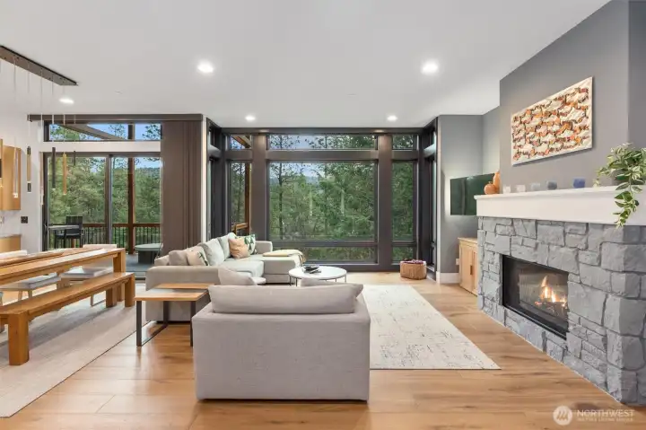 Living Room     Samsung 55” mounted TV with electrical outlet added & heavy duty mount   o Apple TV 4K   Philips Hue Gradient Light strip behind TV   Google Nest Smart Learning Thermostat    Interior 3M Sun Control Window Film: 3M™ Sun Control Window Films, Night Vision Series   Exterior Windows Bird Divertor Window Film : Bird Divert to prevent bird strikes    Hunter Douglas Designer Screen Shades, 3% openness with smart Power View   Motorization & external rechargeable batteries.  Remote Control & app supported.    PowerView® Automation   Philips Hue lightbulbs x14 Modern smart LED Bulbs  with Philips Hue Tap Switch accessory   Smart switches   Above & under cabinet lighting  Philips Hue Light strip Plus with Hue Tap Switch Accessory   Smart switches   Electrical added for center island plus light channel   Cube wood artwork / sound deadening