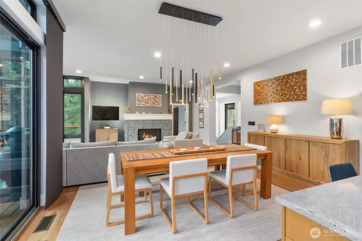 Dining Room   18-Light Chandelier Light fitting   Interior 3M Sun Control Window Film: 3M™ Sun Control Window Films, Night Vision Series   Hunter Douglas Skyline Gliding Window Panels, 3% openness with square profile cassette   housing.  Power View Motorization with 18V DC wall plug power supply.