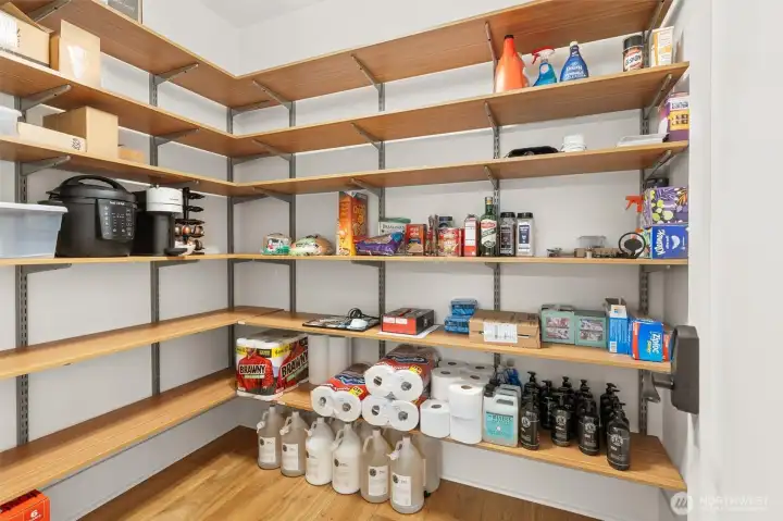NOW THAT'S A WALK-IN PANTRY!    Long side additional shelving   Added electrical outlet   West Elm light fitting   Outside door Recessed Light with Nightlight / Halo