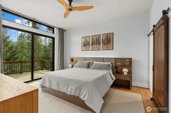 Primary Bedroom 1     Samsung Smart 55” Mounted TV with Smurf tube   Smart Ceiling Fan Haiku Indoor Fan (bigassfans.com)  HVAC Kul grille https://www.kulgrilles.com/   Crate & Barrel curtain pole with slide - glide tape & curtains   Interior 3M Sun Control Window Film: 3M™ Sun Control Window Films, Night Vision Series   Exterior Windows Bird Divertor Window Film : Bird Divert to prevent bird strikes   Barn door guide    Primary Bedroom Deck   2 x swallow nesting boxes under deck   Railings strengthened   Philips Hue Appear outdoor light fittings