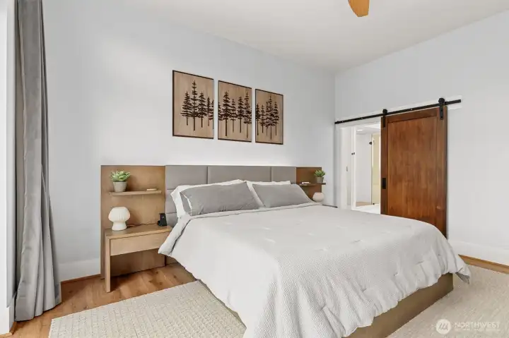 Primary Bedroom 1     Samsung Smart 55” Mounted TV with Smurf tube   Smart Ceiling Fan Haiku Indoor Fan (bigassfans.com)  HVAC Kul grille https://www.kulgrilles.com/   Crate & Barrel curtain pole with slide - glide tape & curtains   Interior 3M Sun Control Window Film: 3M™ Sun Control Window Films, Night Vision Series   Exterior Windows Bird Divertor Window Film : Bird Divert to prevent bird strikes   Barn door guide    Primary Bedroom Deck   2 x swallow nesting boxes under deck   Railings strengthened   Philips Hue Appear outdoor light fittings