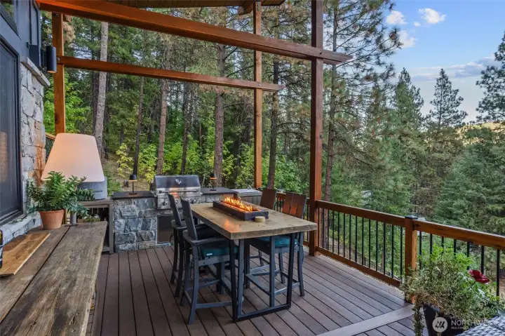 Upper Deck     Deck boards & railings strengthened   Custom decorative screen   Coolaroo outdoor blind to screen midday sun & night time projector screen   Fire table & gas tank cover plus waterproof cover with 4 x Polywood chairs & cushions    KitchenAid built in BBQ   Philips Hue Appear outdoor light fittings