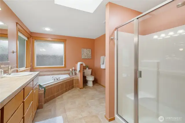 You'll love the gorgeous en suite featuring an oversized shower with bench and separate jetted soaking tub. Large windows and a skylight make it super bright and light.