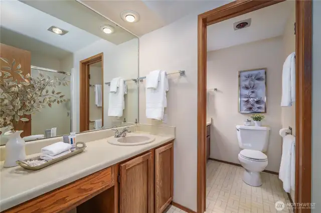 The vanity in the shower area.