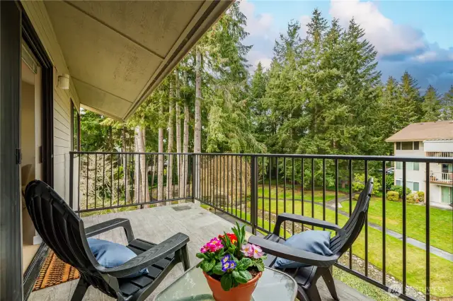 Sliding doors lead to a generous, brand new view deck, where you can take in the beautifully landscaped grounds, a meandering brook, and stately waterfalls that weave throughout the community.